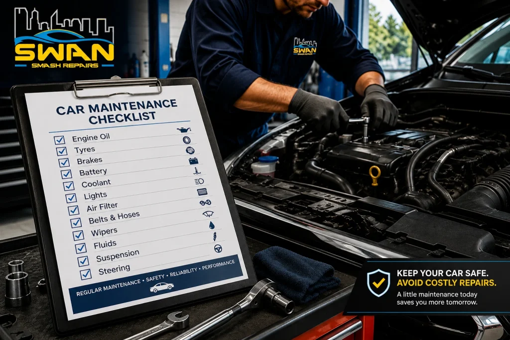 Car maintenance checklist showing a mechanic inspecting a vehicle engine with essential maintenance checks including engine oil, tyres, brakes, battery, coolant and lights.