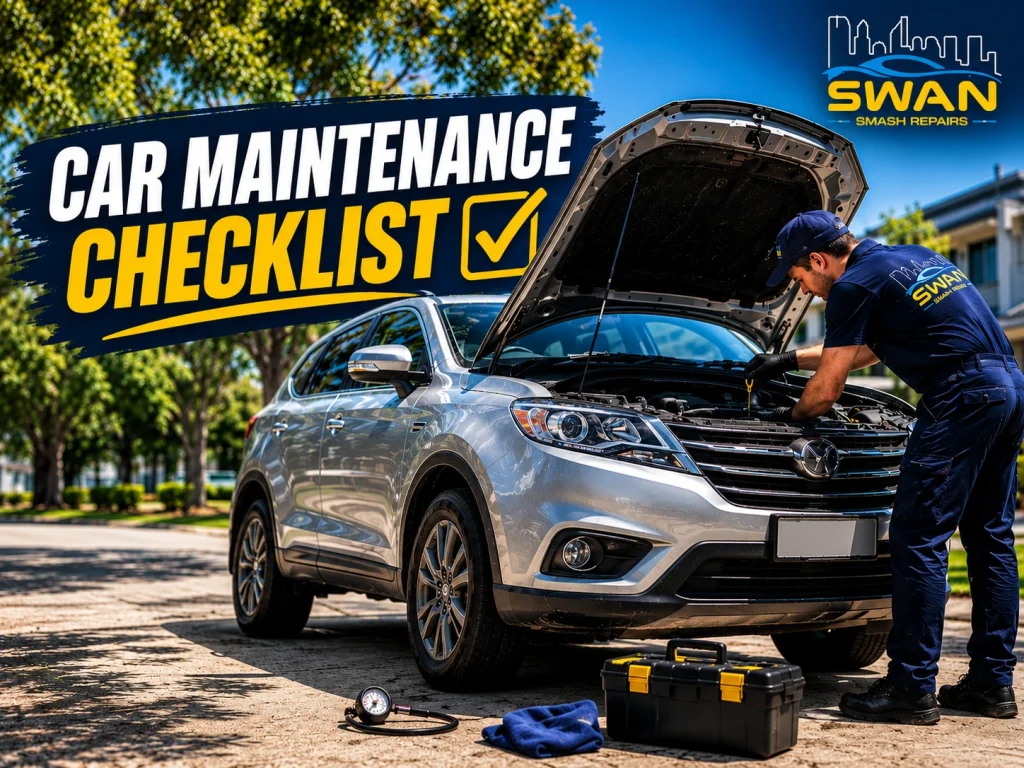 Car maintenance checklist inspection with a mechanic checking the engine of a slightly dusty silver SUV in Perth, Australia.