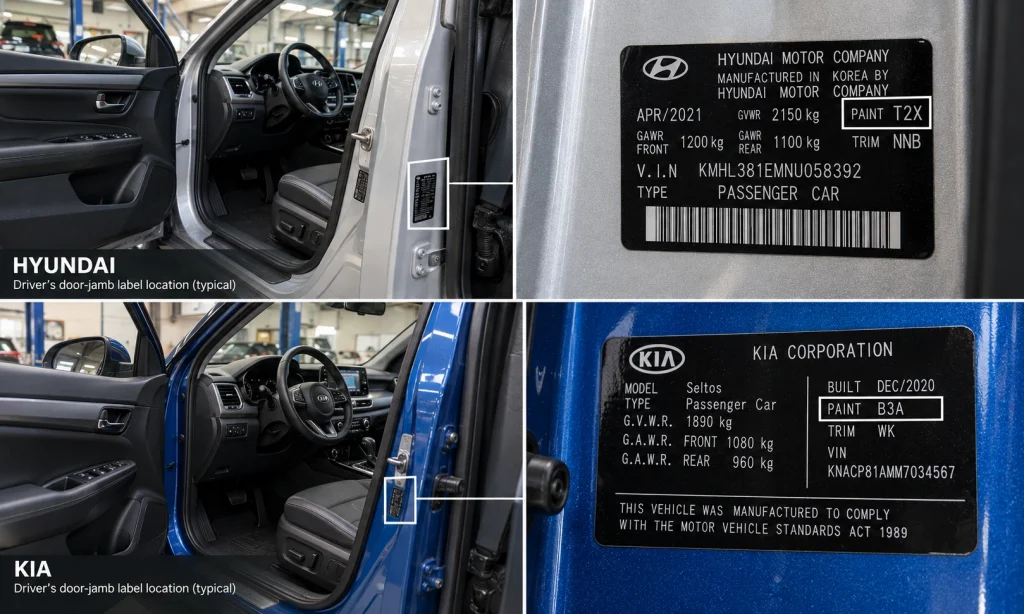 Hyundai and Kia paint code labels on the driver's door jamb