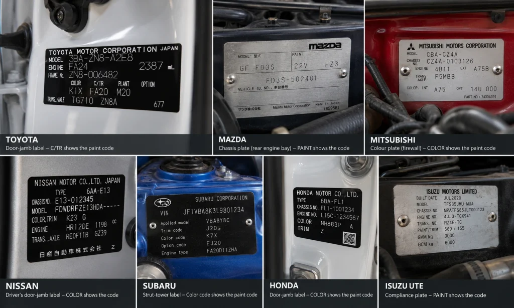 Paint code locations on Toyota, Mazda, Mitsubishi, Nissan, Subaru, Honda and Isuzu vehicles